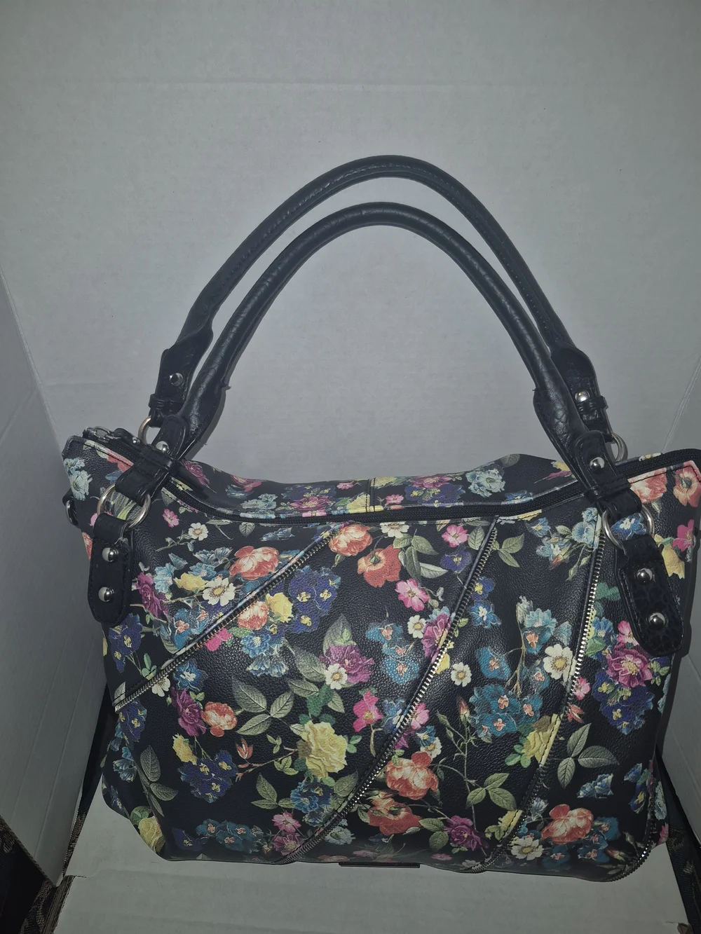 Jessica Simpson Black Floral Satchel with Multicolor Blooms